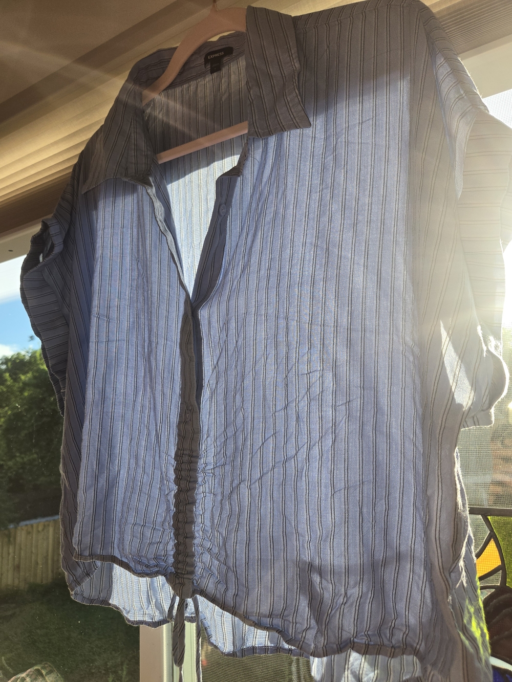 Express Blue Striped Ruched Drawstring Button Front Blouse